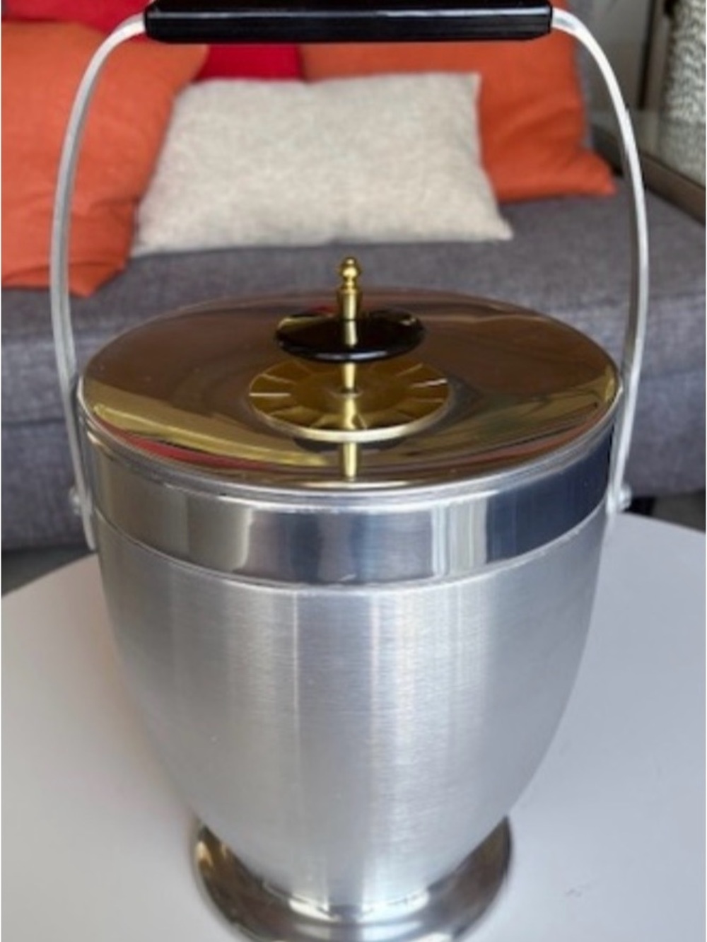 Vintage Aluminum Ice Bucket with Gold-Tone Lid and Handle
